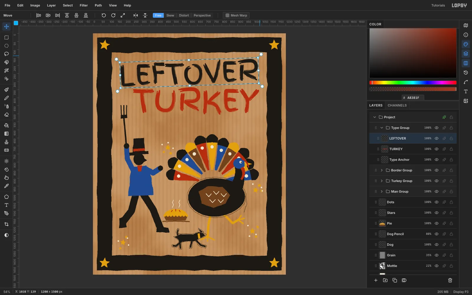 LEFTOVER in black brushy capitals across the top and TURKEY in brick red below it, with LEFTOVER inside a transform box being rotated two degrees