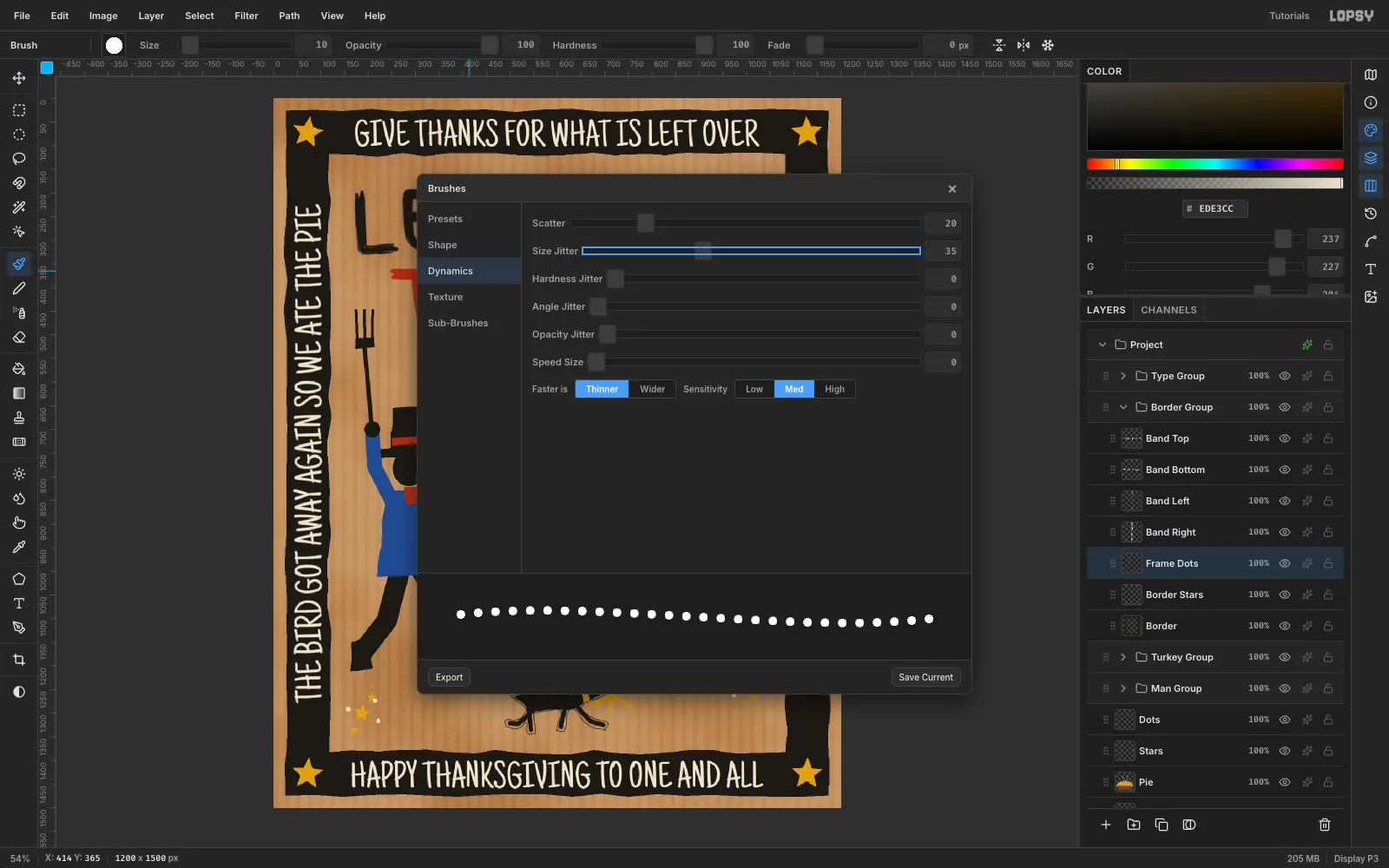 The Dynamics tab of the Brushes modal with Size Jitter at 35 and Scatter at 20