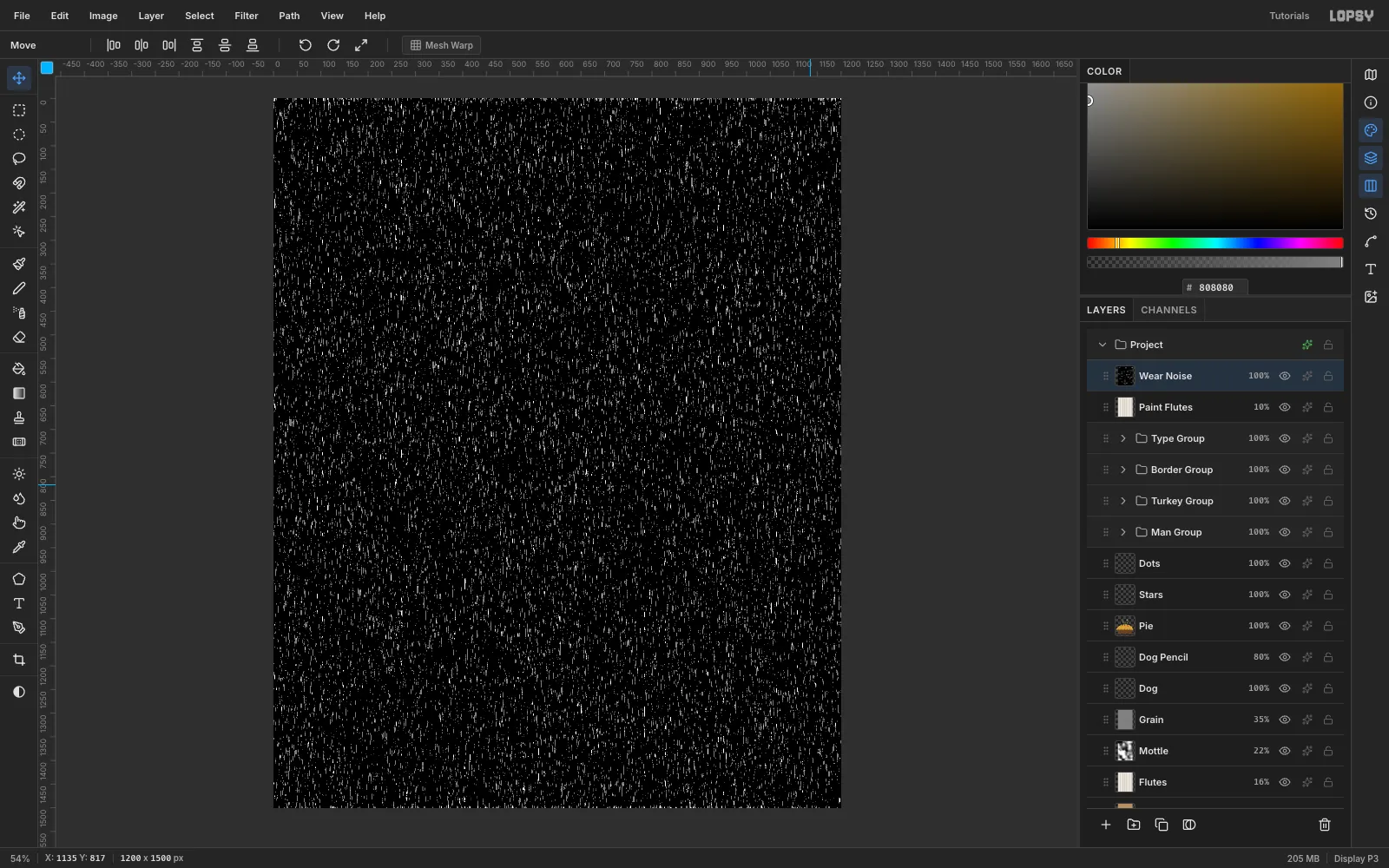 A layer of short vertical white dashes on black made from noise and Threshold