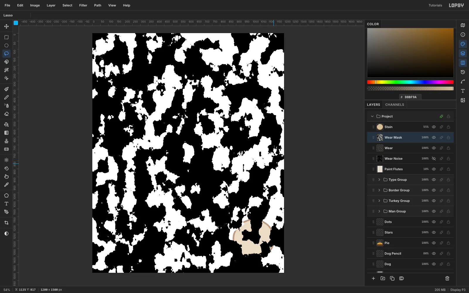 A black and white Clouds pattern thresholded into blobs, used as a mask to thin out the wear