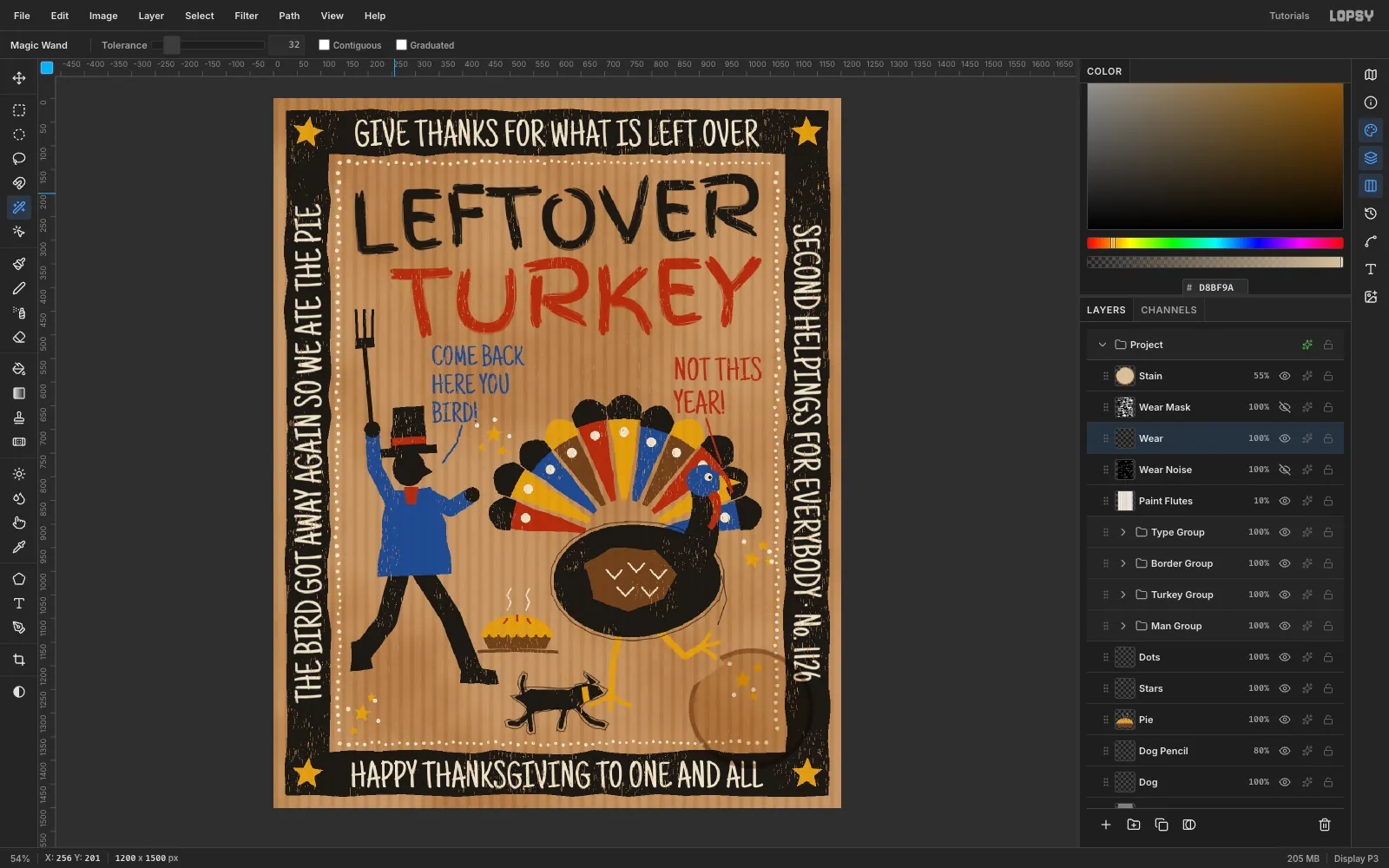 Lopsy with the finished Leftover Turkey card on the canvas and its groups collapsed in the Layers panel