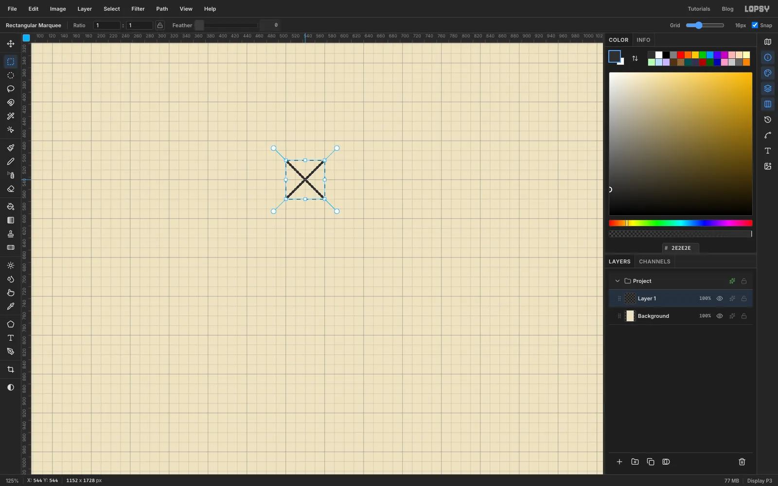 A 64 pixel square in the middle of the muslin canvas with two dark diagonal pencil lines crossing it, selected with marching ants, with the grid showing