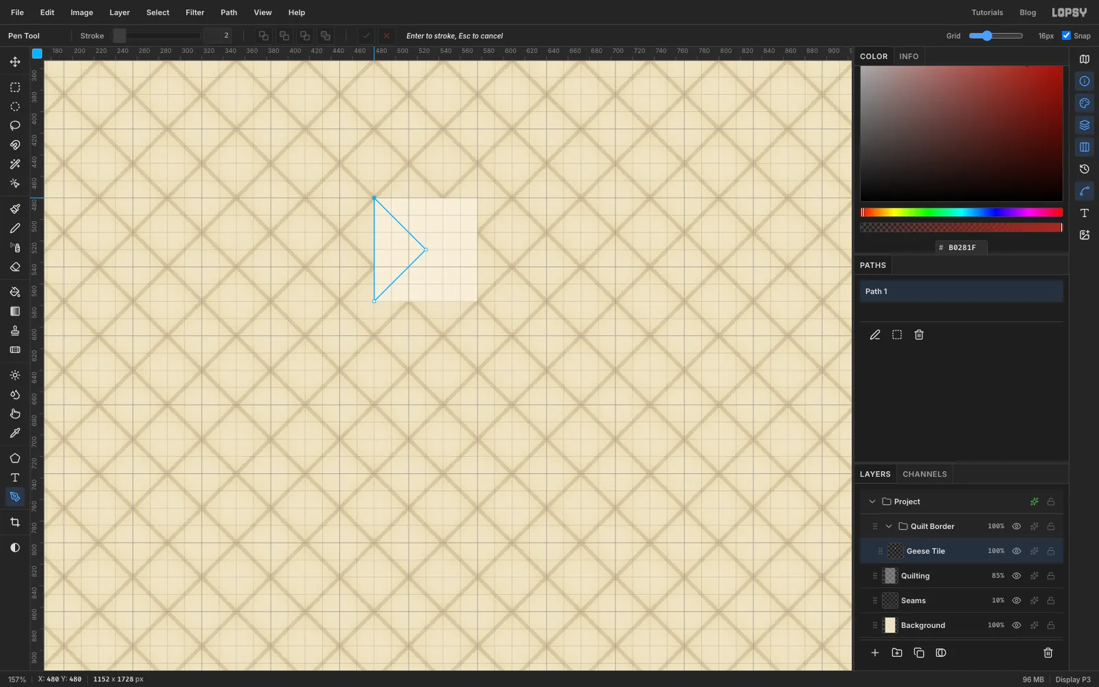 Zoomed in on a 96 pixel cream square with a Pen path forming a triangle from the left corners to the middle of the square