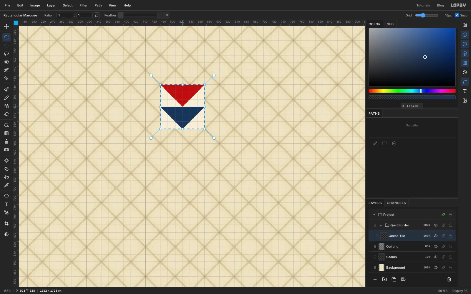 The geese tile turned 90 degrees so the red and navy triangles point down, with the 96 pixel square selected