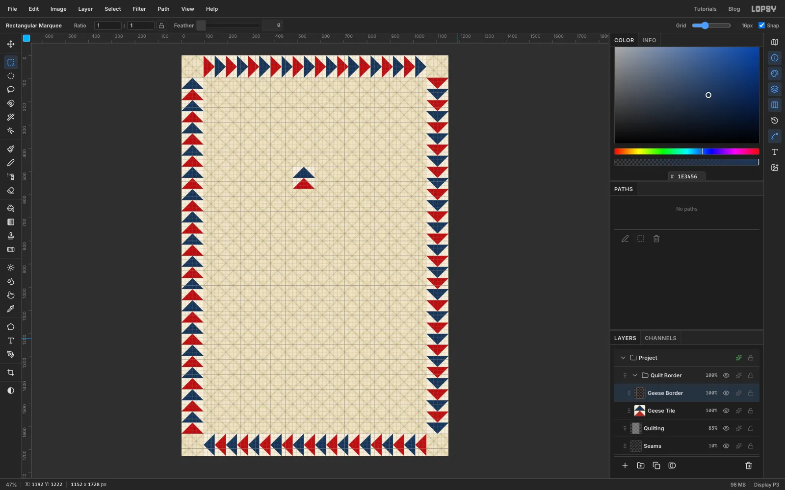 A 96 pixel band of red and navy geese all the way round the page, flying clockwise, leaving the four corners empty