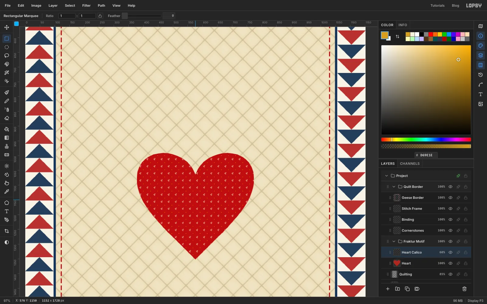 A large red heart covered in tiny cream and mustard sprigs, like a calico print