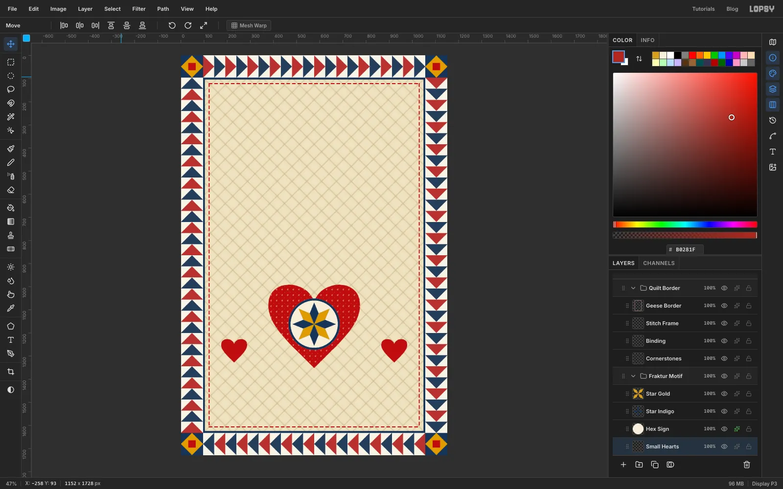 Two small red hearts low on either side of the big heart