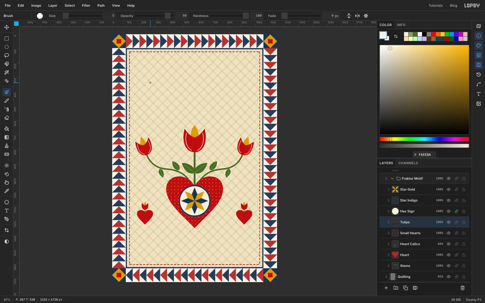 Three tulips across the top of the motif: a big upright one in the centre and two tilted side tulips, plus buds on both small hearts