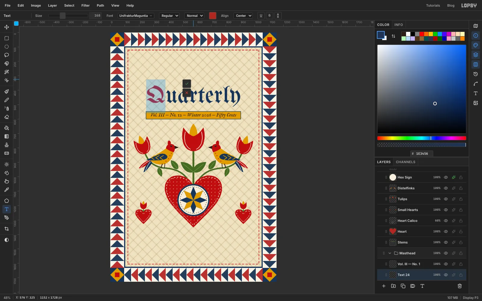 The word Quarterly in large navy blackletter, with only the Q selected and turned red