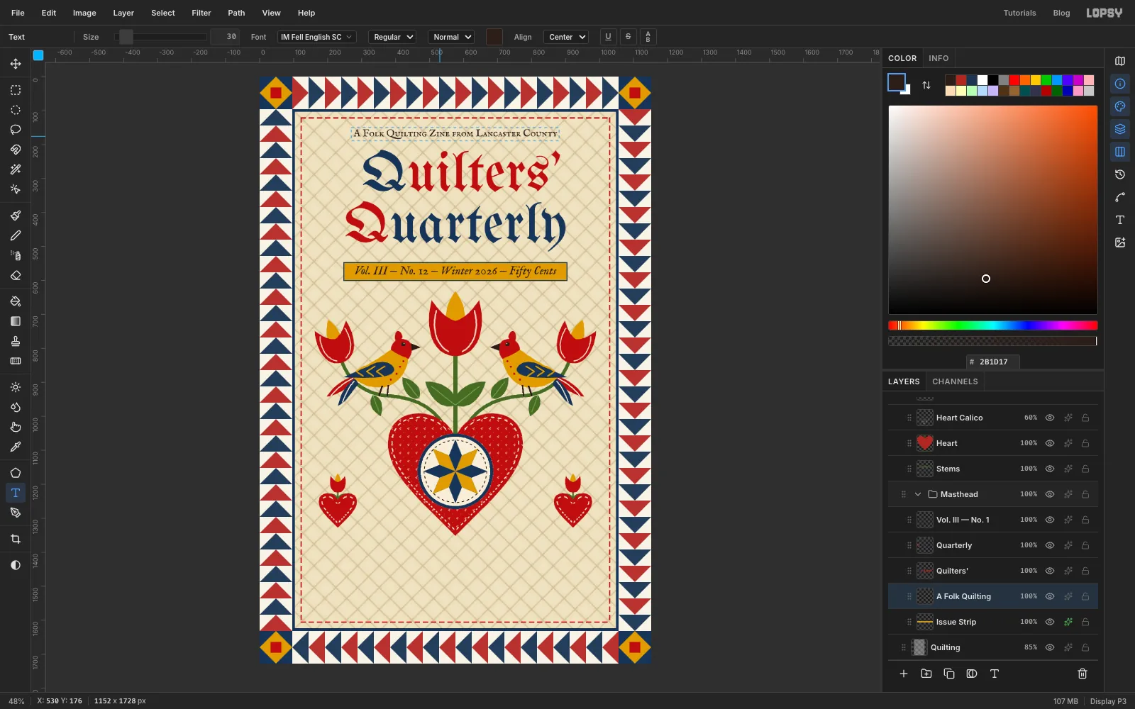 The masthead reading Quilters' in red with a navy initial Q above Quarterly in navy with a red Q, and a small-caps tagline above