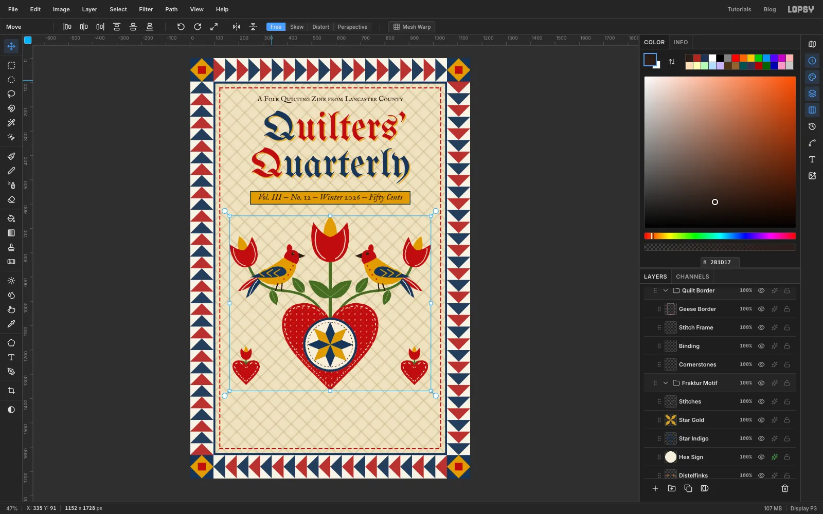 The Fraktur Motif group selected with its transform box around the heart, birds and tulips after nudging it down