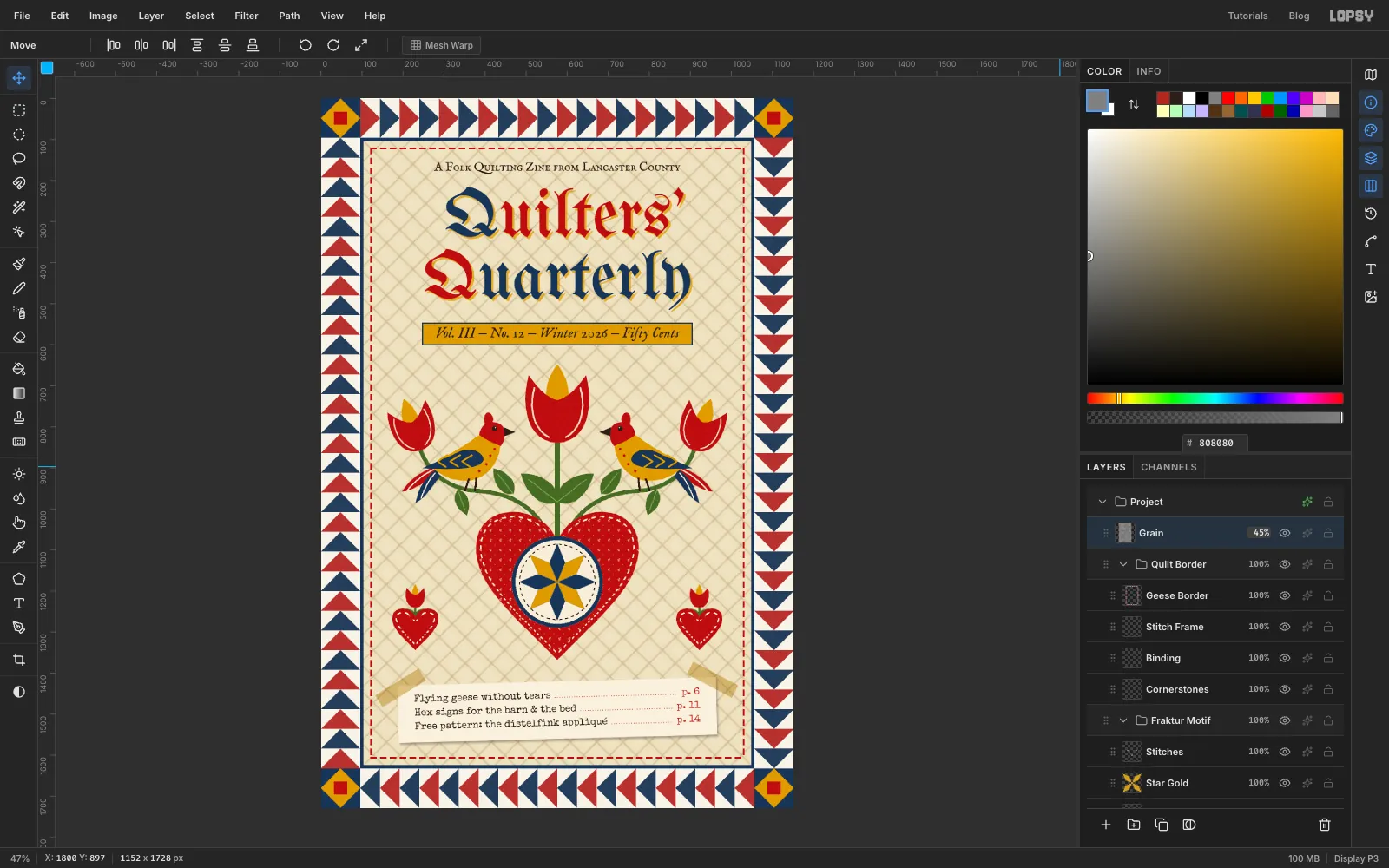 The finished cover with an Overlay grain layer over everything, giving every flat colour a slightly printed texture