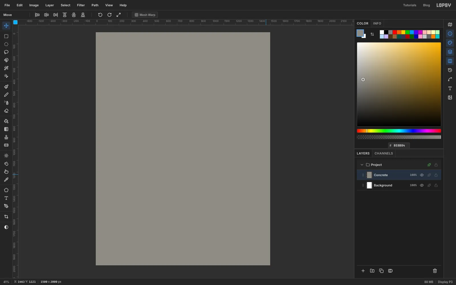 A 1500 by 2000 canvas filled with flat warm grey, with a fine grain of noise