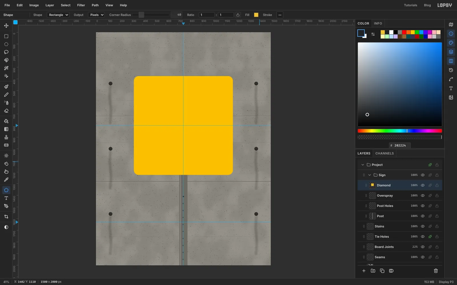 A large yellow square with rounded corners sits in the middle of the canvas
