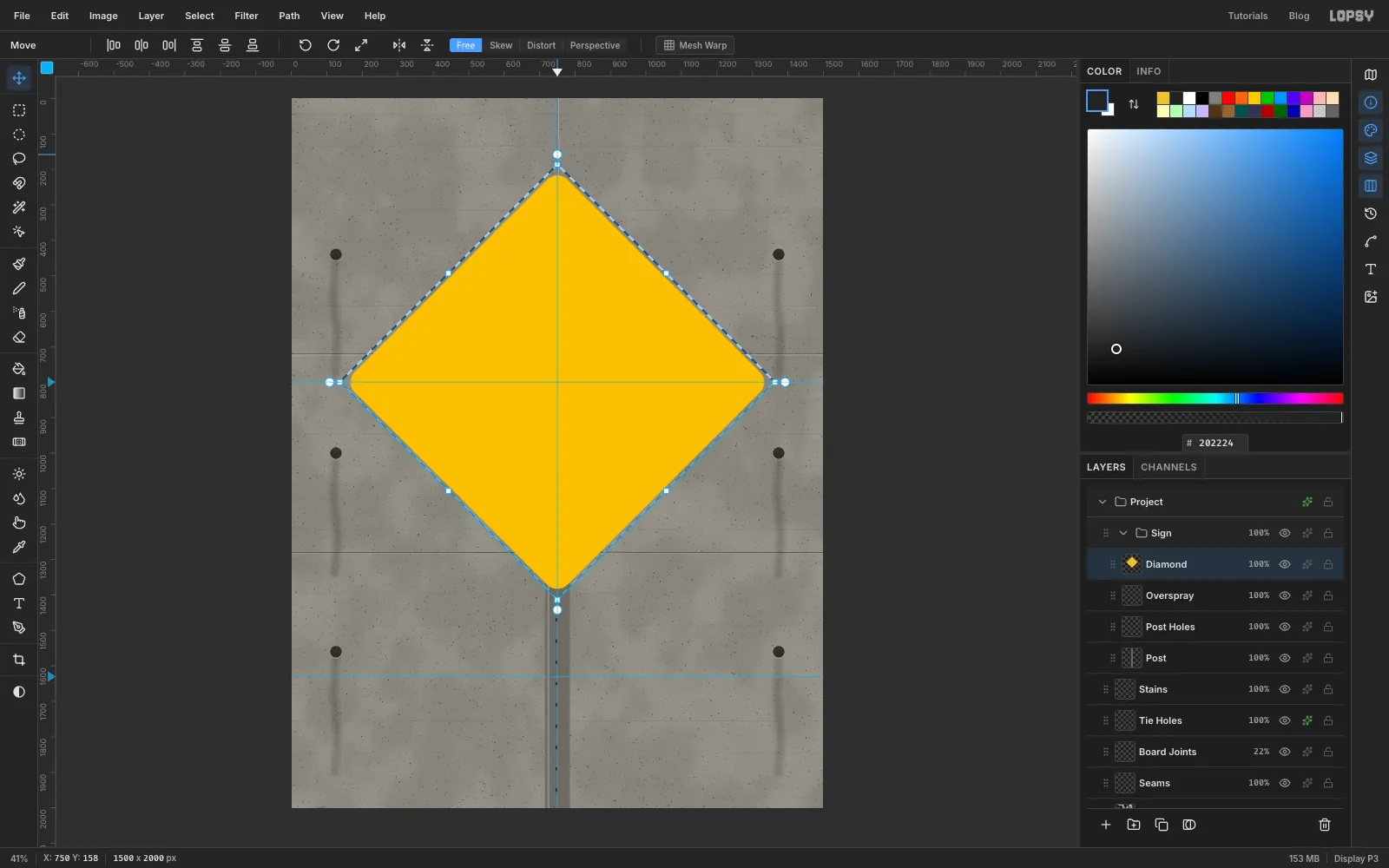 The square has been turned 45 degrees into a diamond, with the transform box still showing