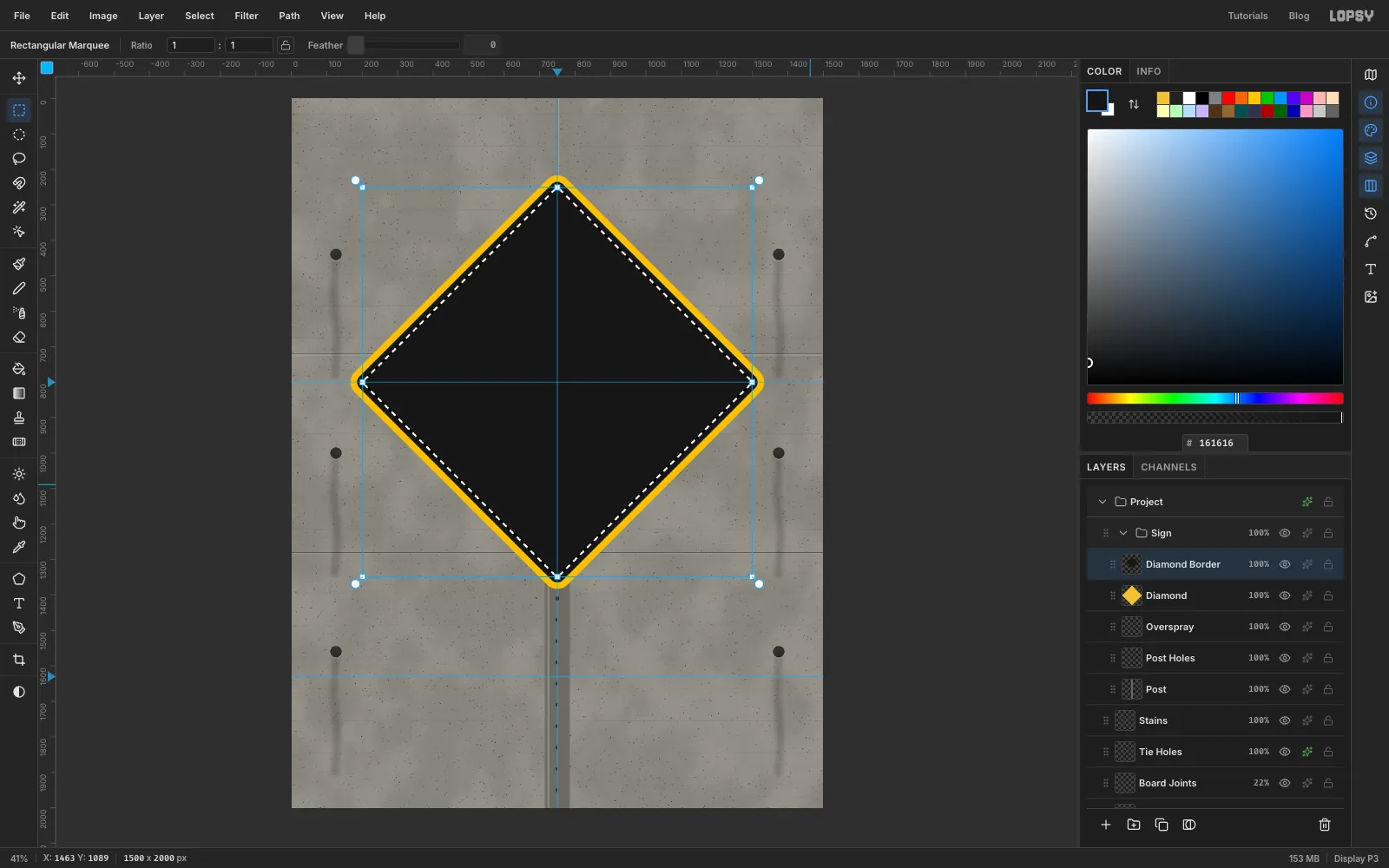 Marching ants run around a diamond-shaped selection inset from the yellow edge
