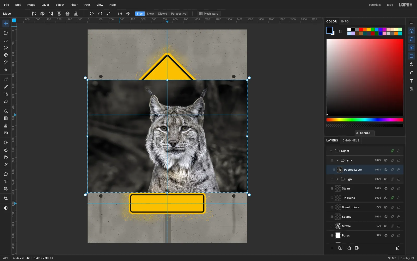 The lynx photo has been pasted over the wall, fitted to the canvas width, with its pixels selected