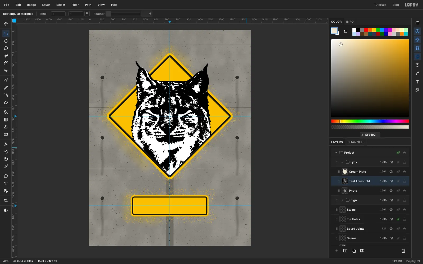 A black and white threshold copy of the lynx shows the darker half of the fur in black