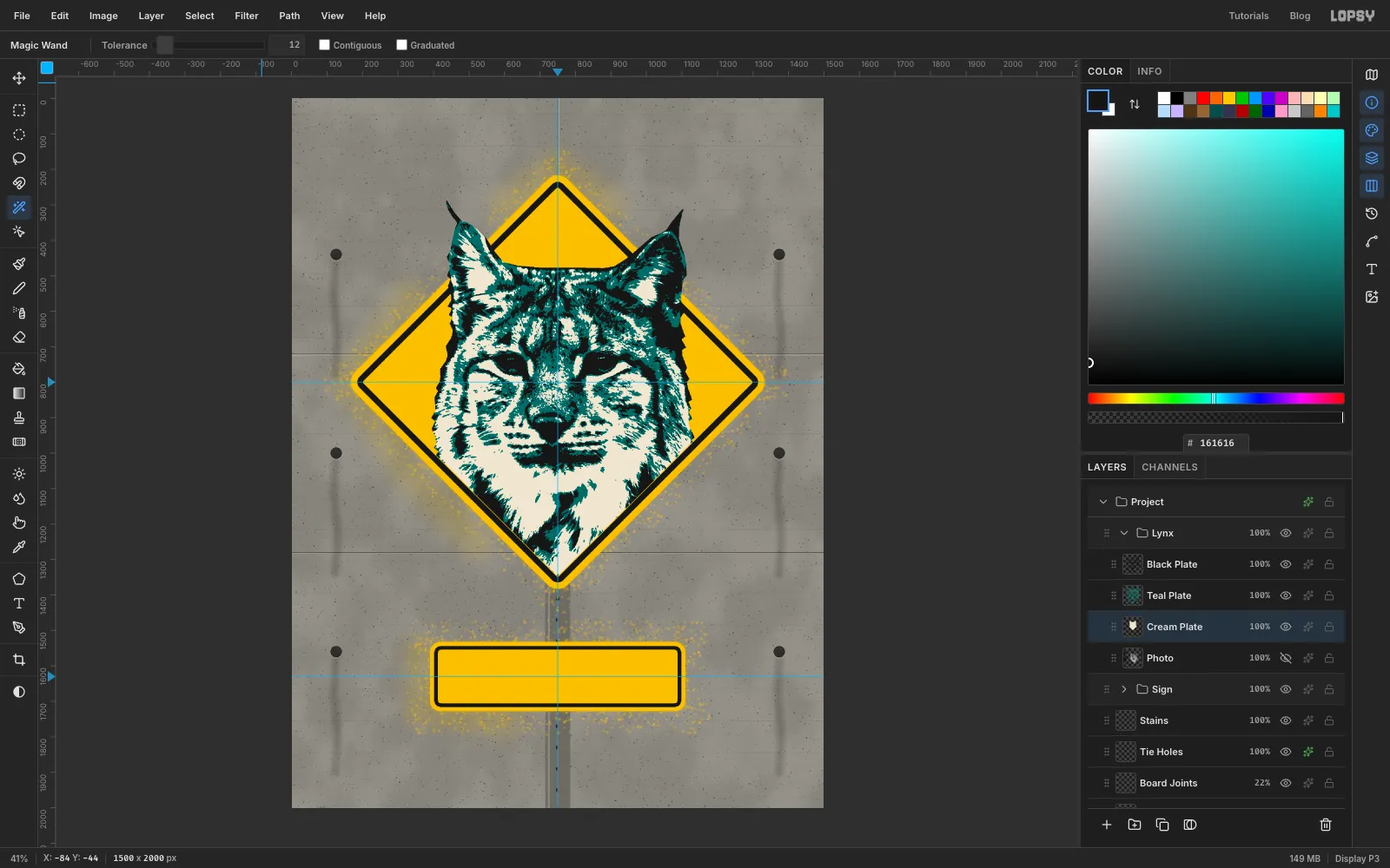 The lynx is now a three-colour stencil in cream, teal and black inside the yellow diamond