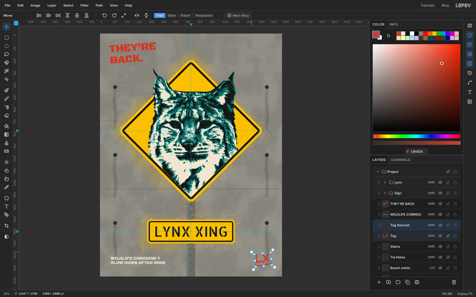 The tag's two layers are selected together and their shared transform box is turned anticlockwise