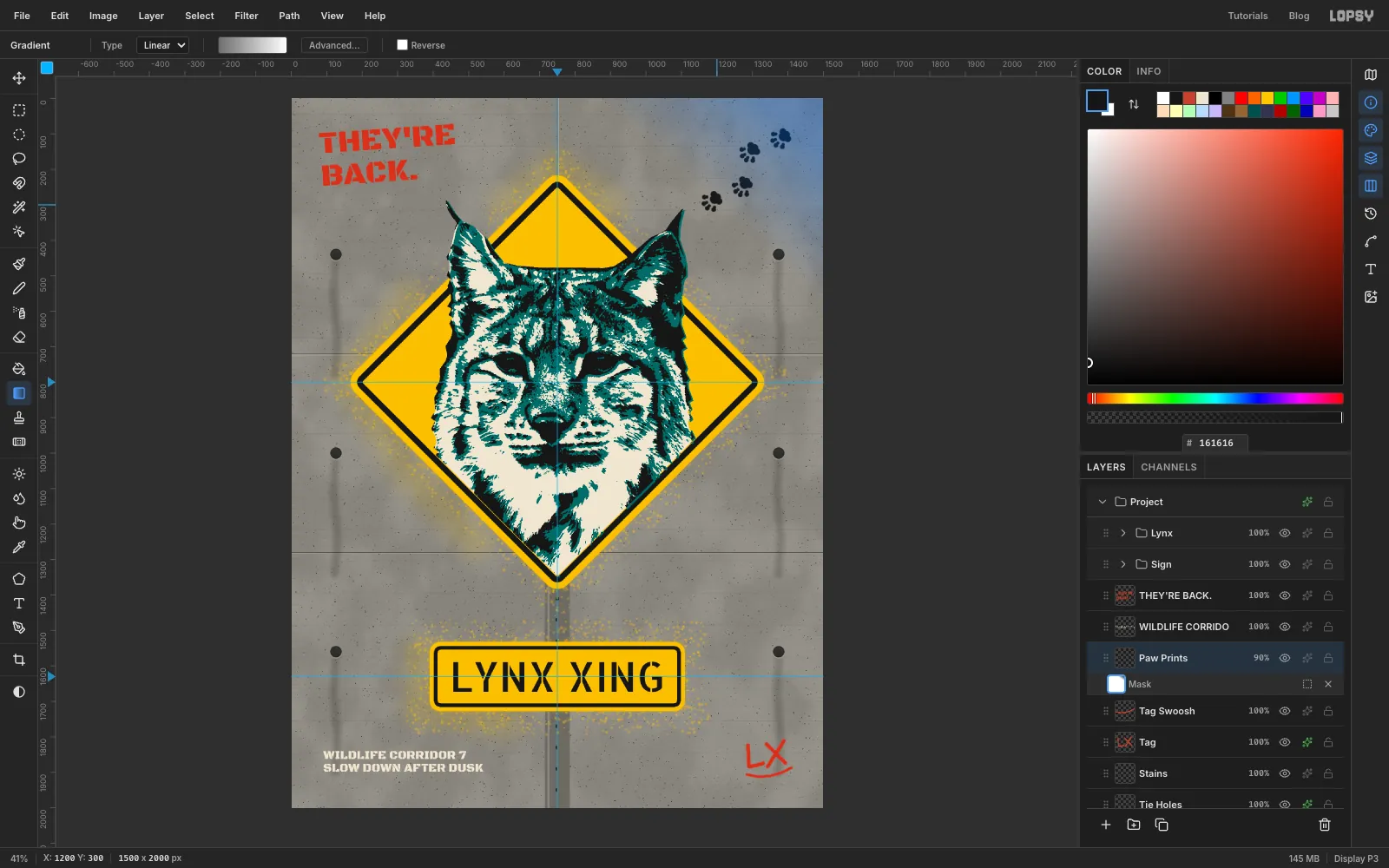 The layer mask is being edited and a gradient fades the prints from the top-right corner down to the lynx