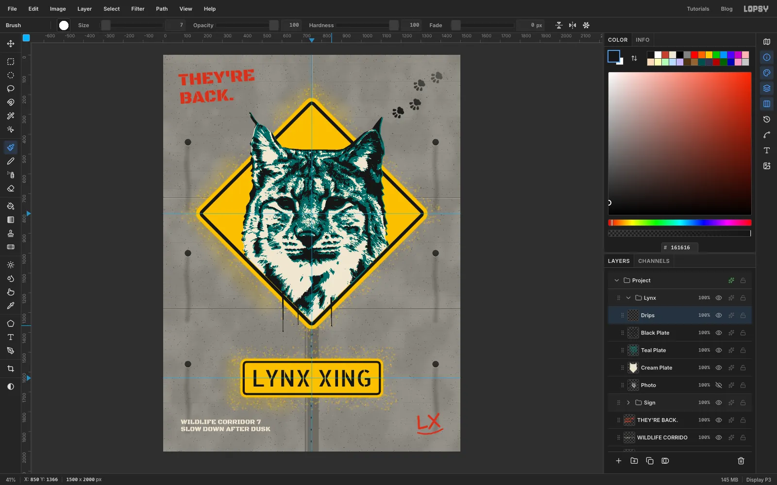 Three thin black drips run from the bottom of the lynx's chest across the sign's border