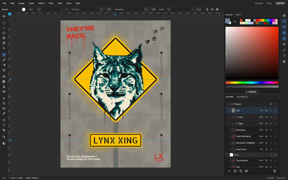 Lopsy with the finished Lynx Xing poster open. A cream, teal and black stencil of a lynx's head breaks out of the top of a yellow diamond road sign, above a LYNX XING plaque on a post, all sprayed on a grey concrete wall. The Layers panel shows the Grit layer above the Lynx and Sign groups.