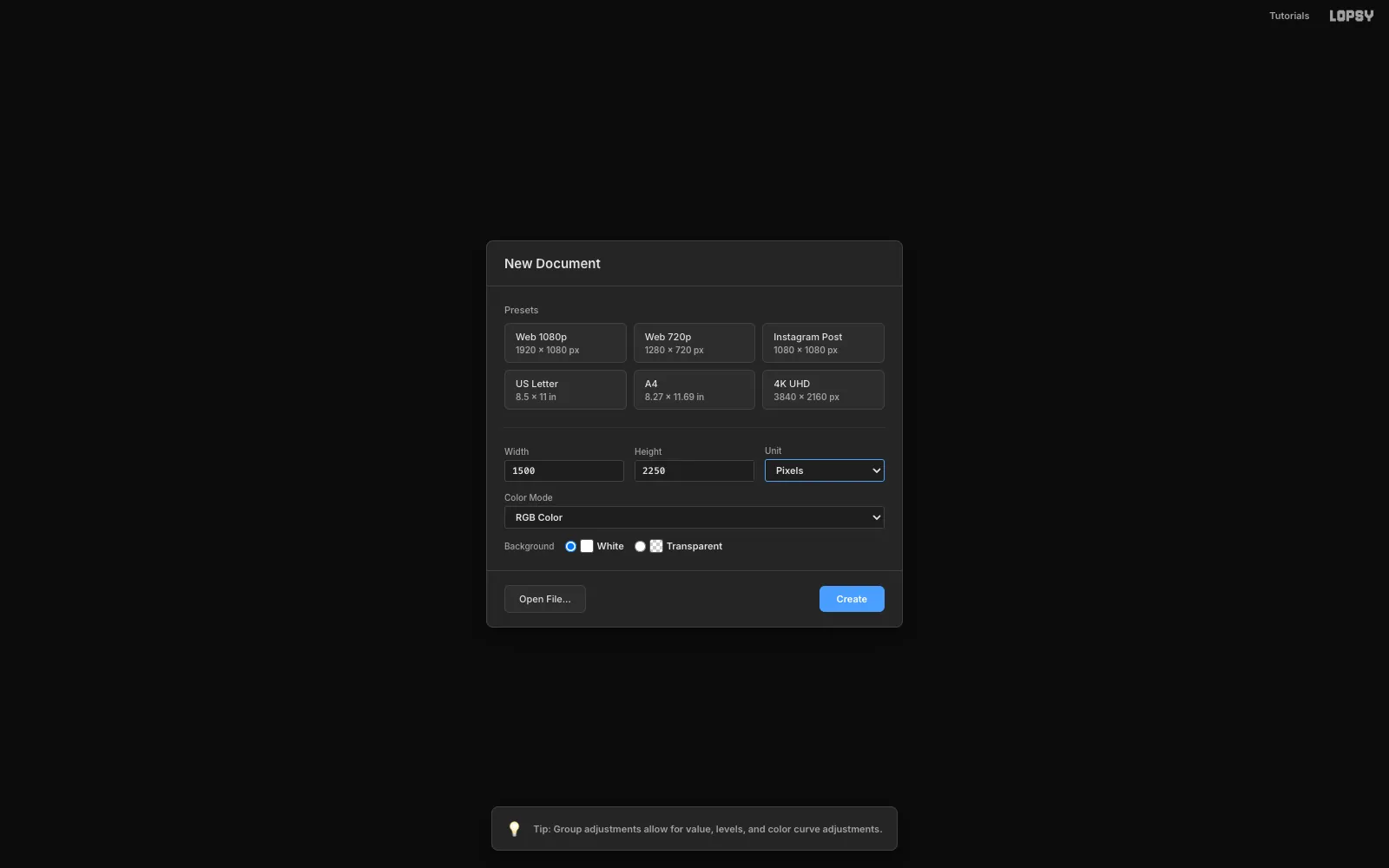 The New Document dialog with Width 1500 and Height 2250 pixels and a White background