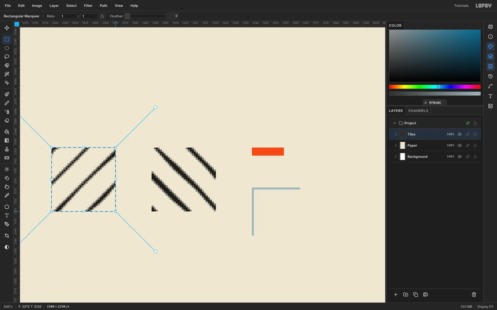A zoomed-in view at 645% showing two 32 by 32 tiles of diagonal black lines (one leaning each way), a short orange dash and an L of blue-grey grid line, with a marquee around the first tile