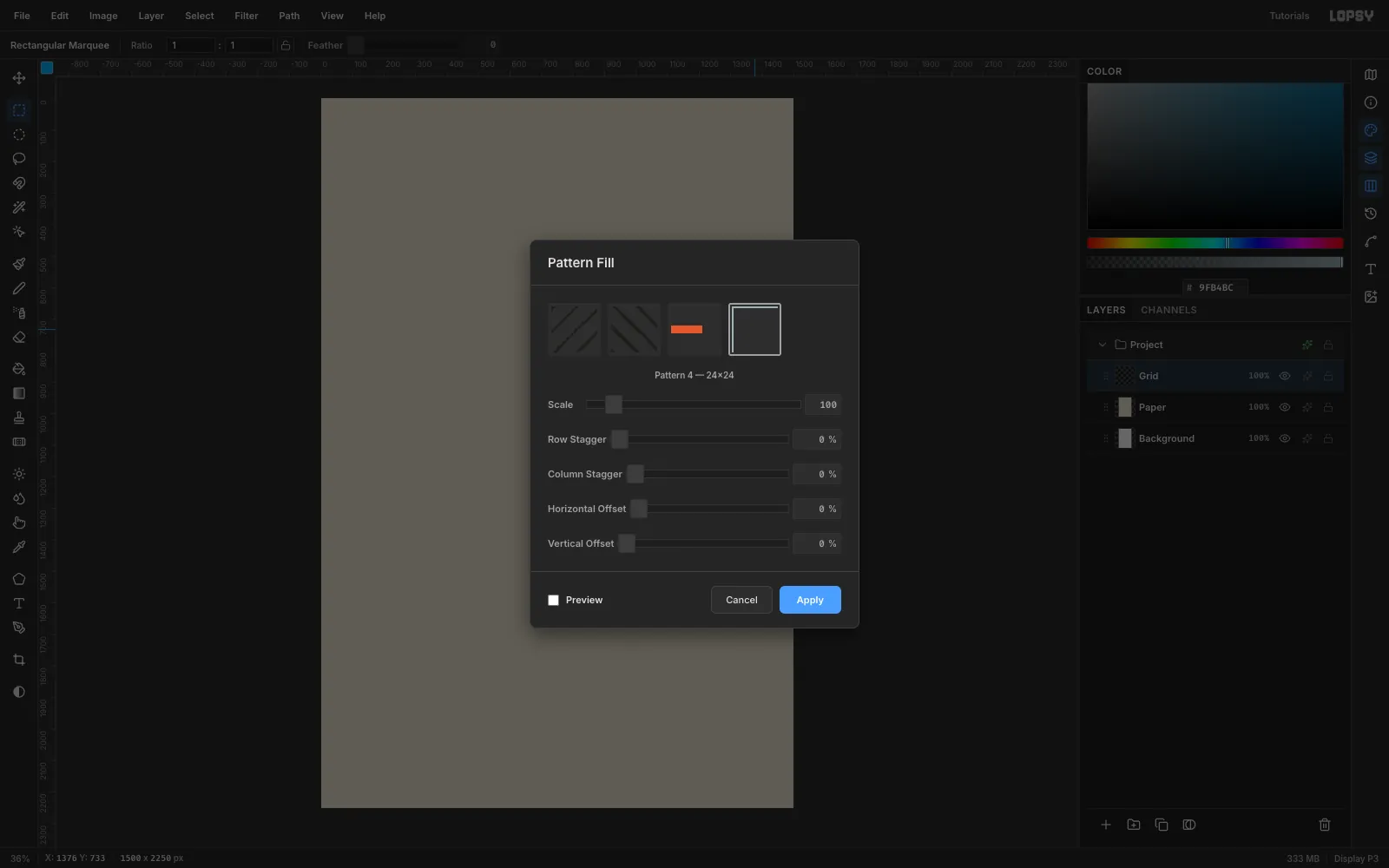 The Pattern Fill dialog listing the four new patterns, with the 24 by 24 grid tile selected
