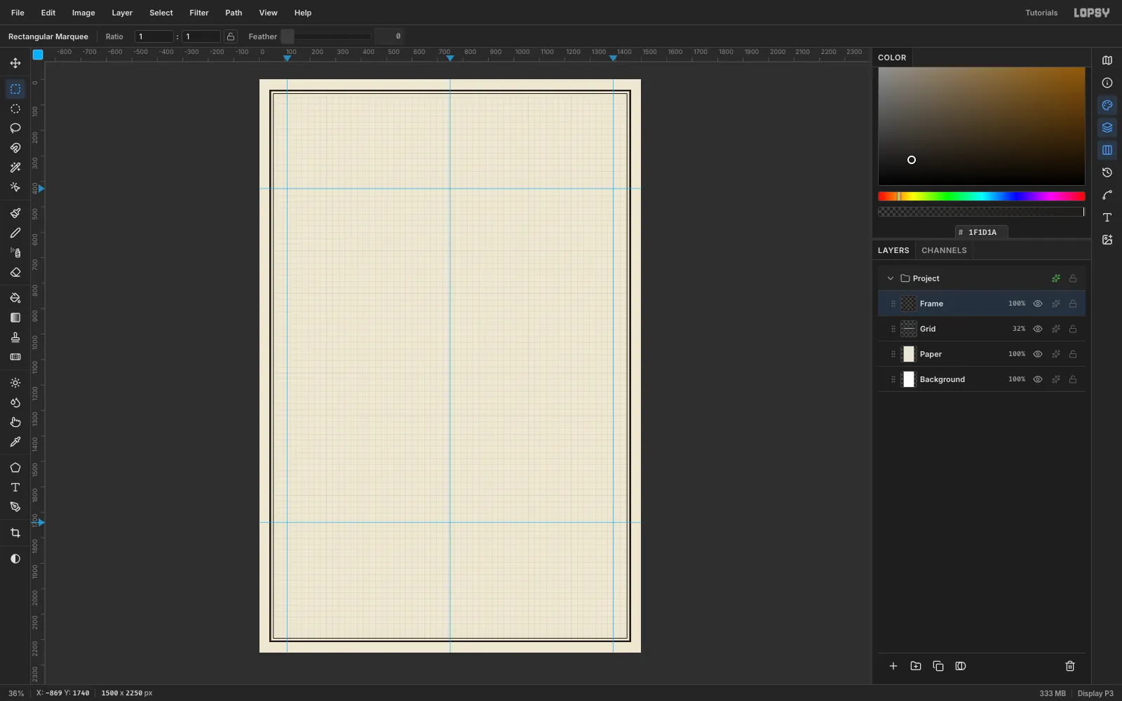 The cream sheet with faint graph-paper lines, a thick outer and thin inner black border, and cyan guides at the left and right margins, the centre and two horizontal band lines