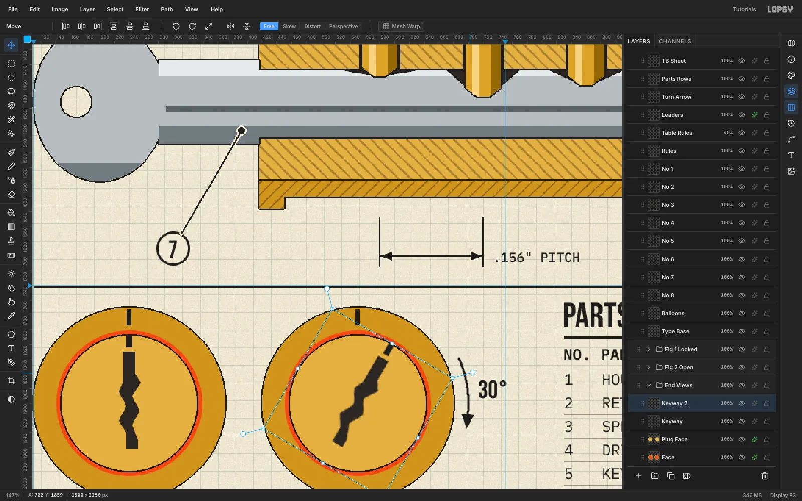 At 147% zoom, two brass face views. The right keyway is inside a rotated transform box whose handles show a 30 degree clockwise turn, beside a black arrow and a 30° label