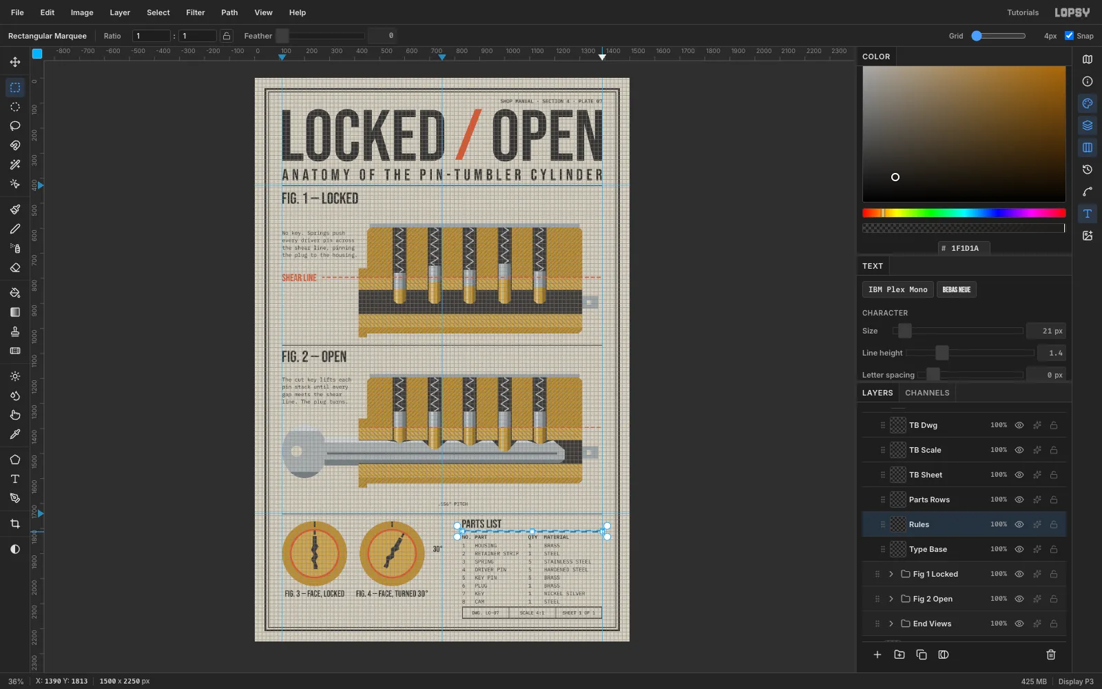 View → Show Grid on at 4 px with Snap ticked, and a 560 by 4 px marquee snapped exactly under the PARTS LIST heading