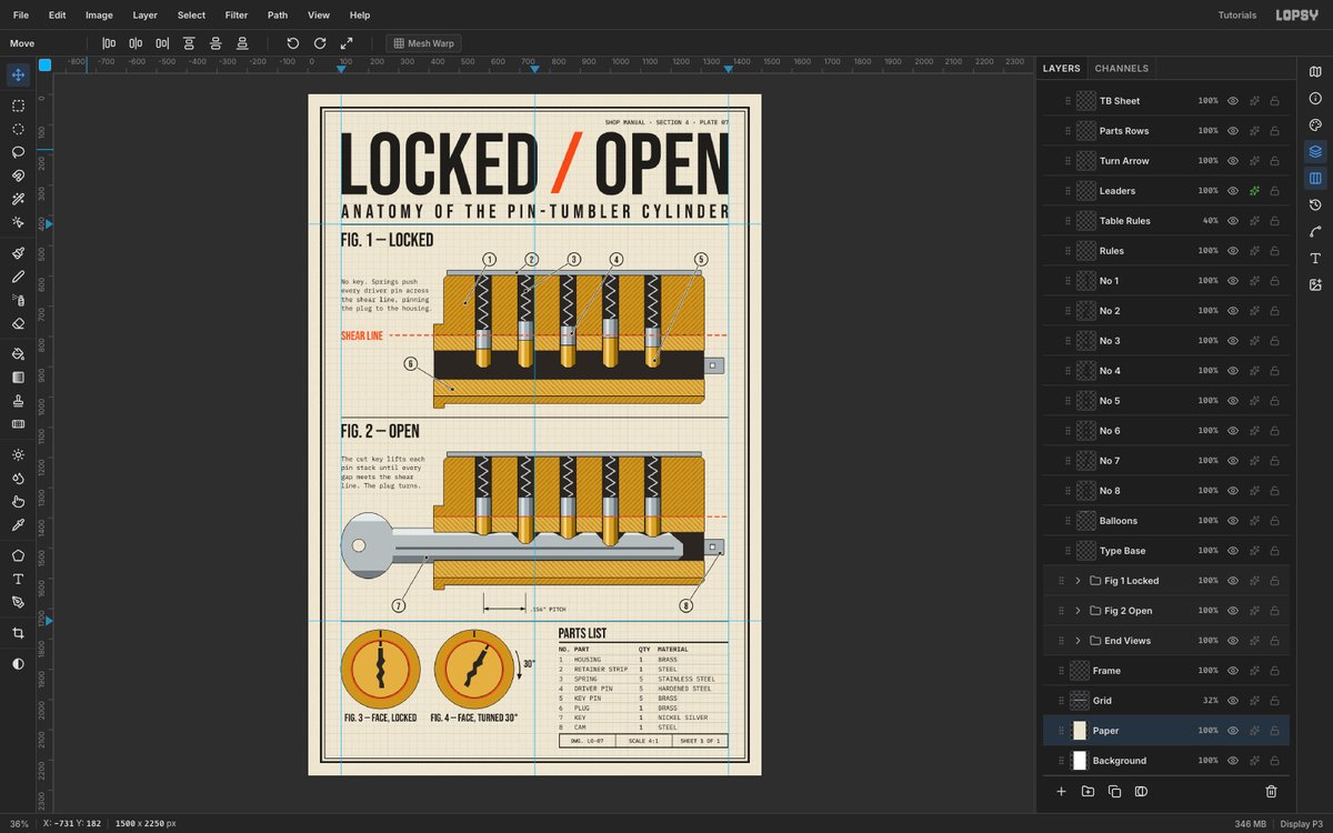 Lopsy editing the finished LOCKED / OPEN poster, with two brass lock cutaways, numbered balloons, two round face views and a parts list on cream graph paper