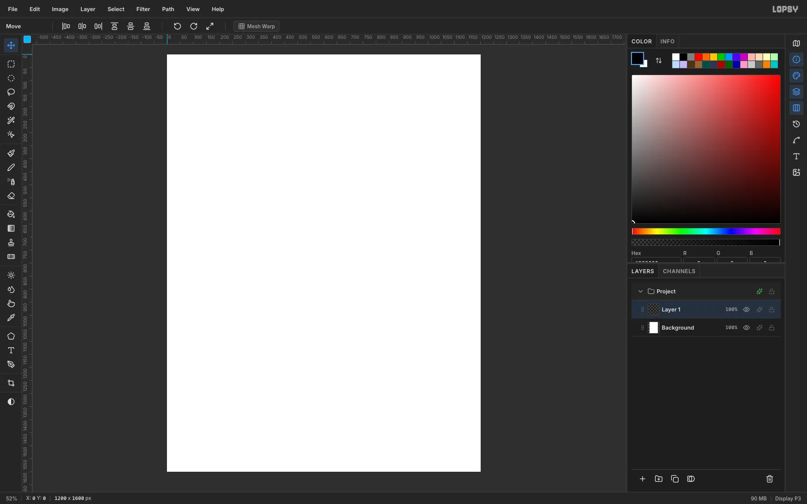 A blank white 1200 by 1600 pixel document open in Lopsy, with an empty Layer 1 above the Background