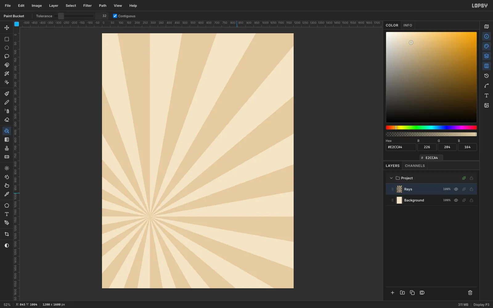 Alternating kraft and cream rays radiating across the whole canvas from a point in the lower left