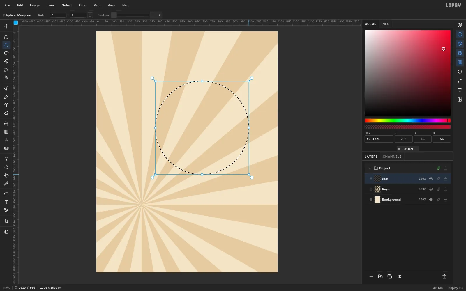 A circular elliptical marquee drawn in the upper middle of the canvas over the sunburst