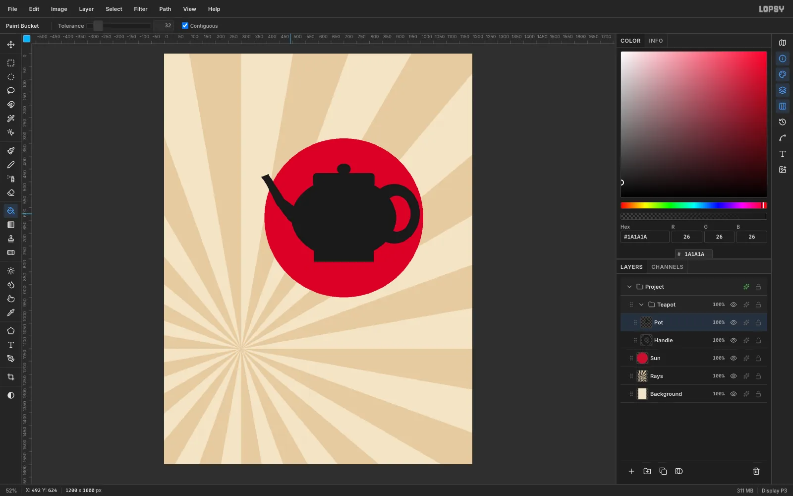 The teapot now has a long curved spout reaching up and to the left