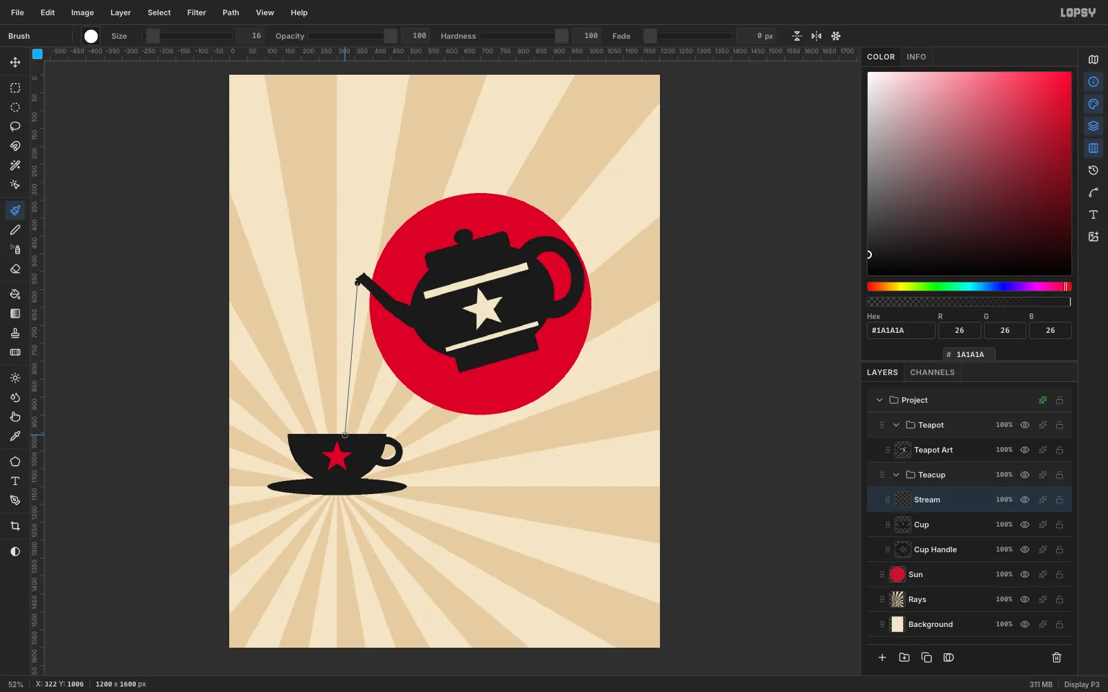 A brush line preview running straight from the teapot spout down into the teacup
