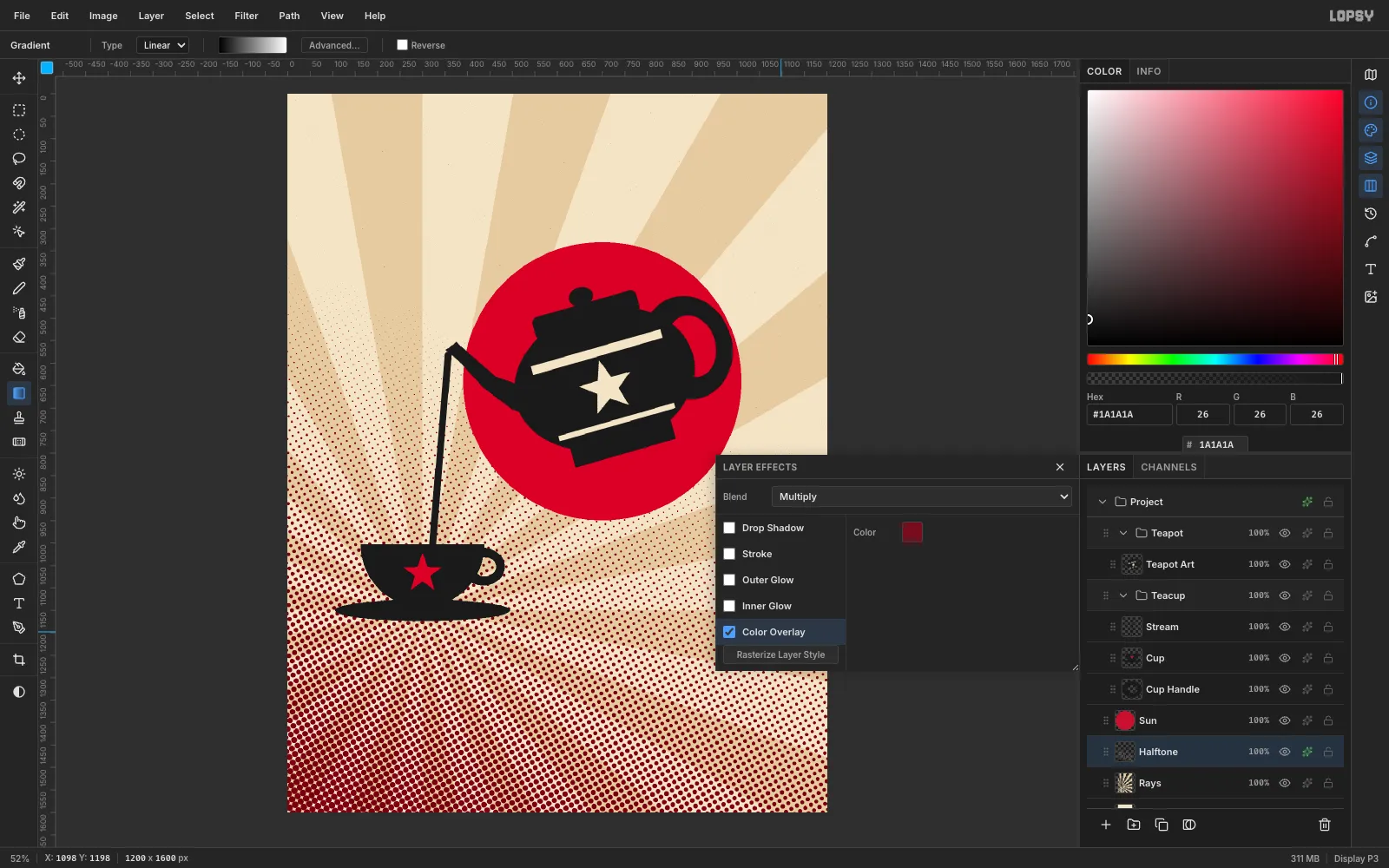 The Layer Effects panel with the blend mode set to Multiply and Color Overlay turned on in dark maroon