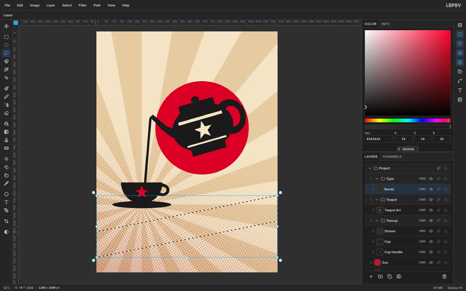 A long slanted lasso selection crossing the lower part of the poster from lower left to upper right