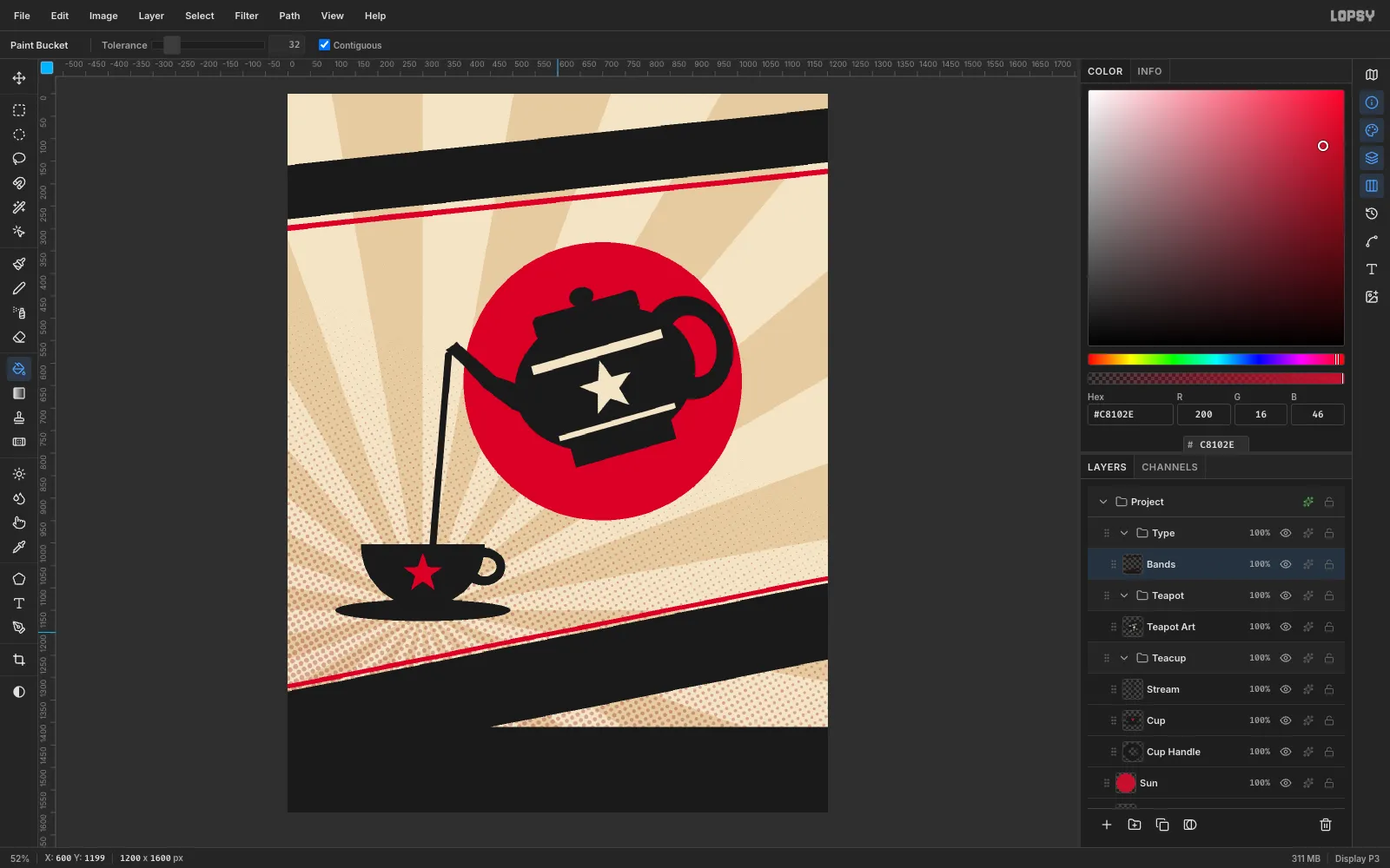 The poster with a black top banner, a steep black diagonal band and a solid black footer framing the teapot scene