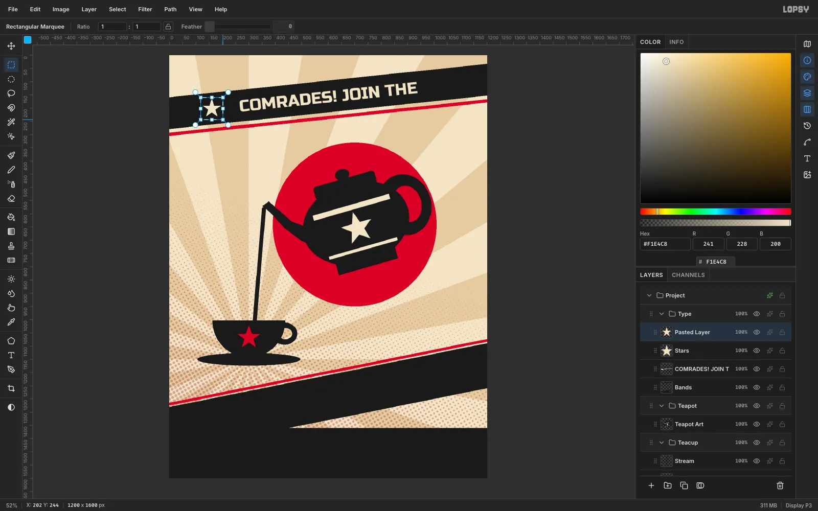A pasted copy of a cream star selected on the left end of the banner, with a second star at the right end