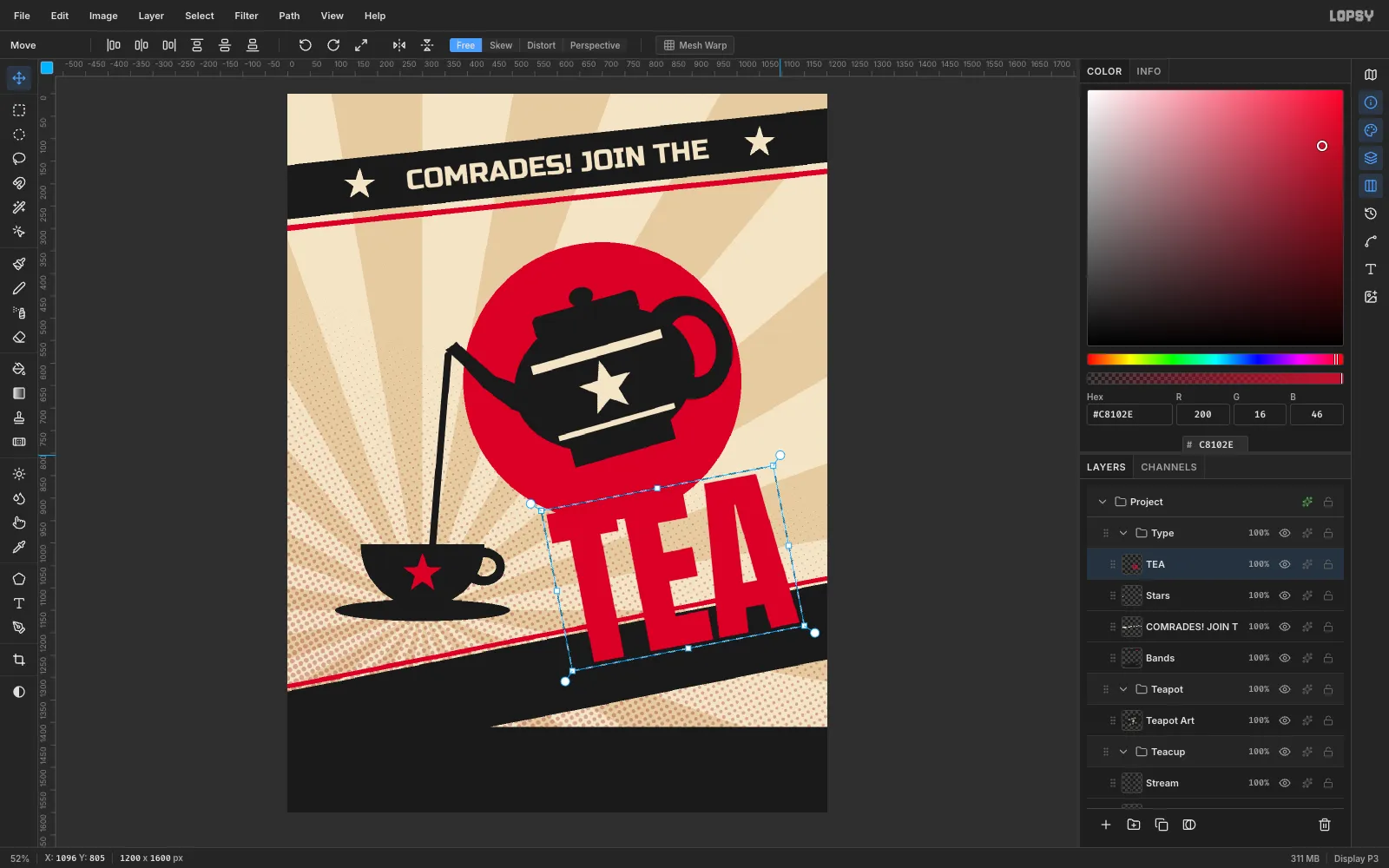 A huge red Anton TEA headline being rotated about 11 degrees with the transform handles