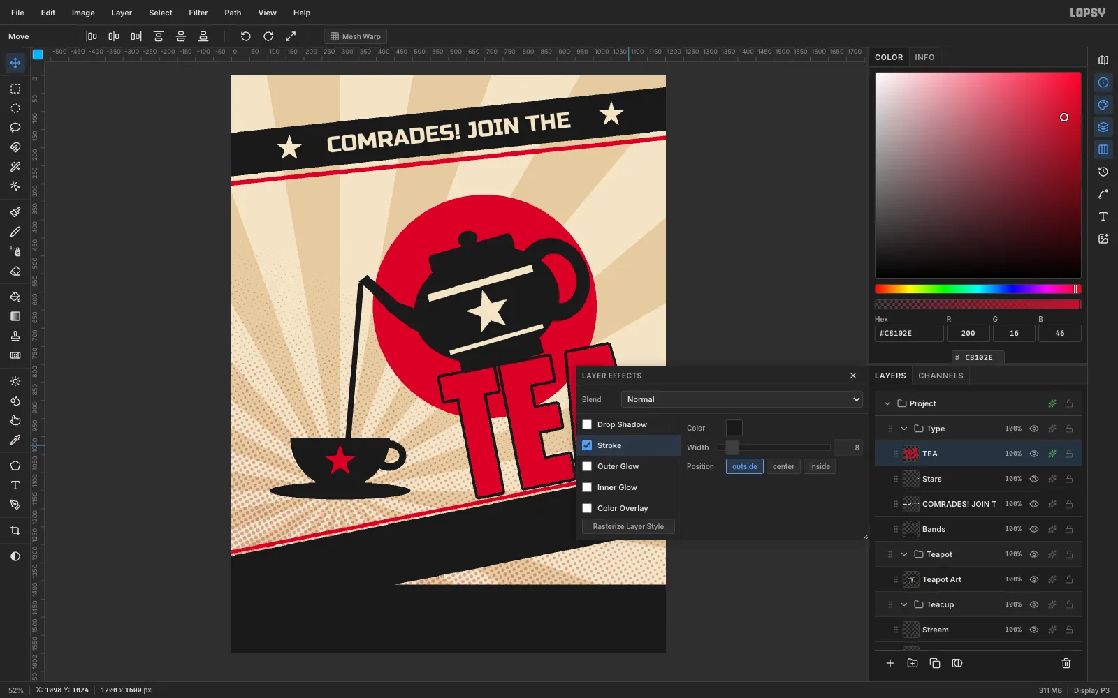 The Layer Effects panel for TEA with a black 8 pixel Stroke enabled