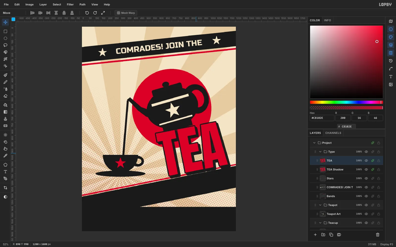 The red TEA headline with a solid black offset shadow down and to the right