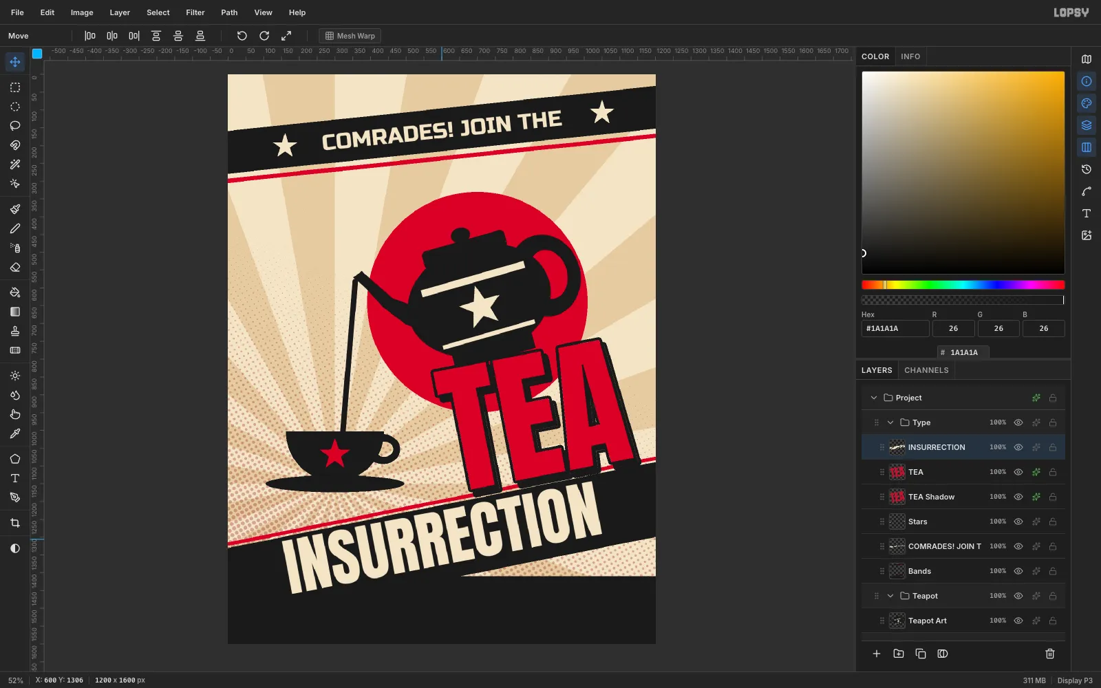 INSURRECTION centred inside the black diagonal band, directly under the TEA headline