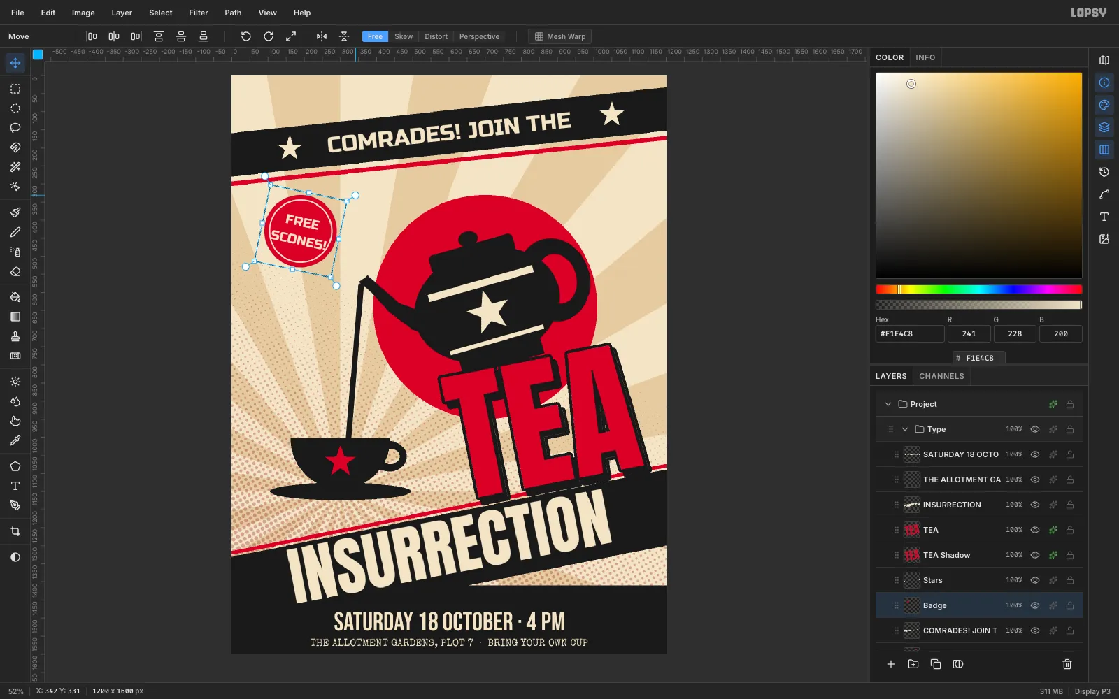 A small red circular badge reading FREE SCONES! being rotated 12 degrees in the empty cream area at the upper left