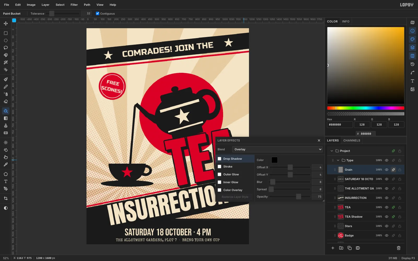 A grey noise layer set to the Overlay blend mode in the Layer Effects panel, above all the artwork