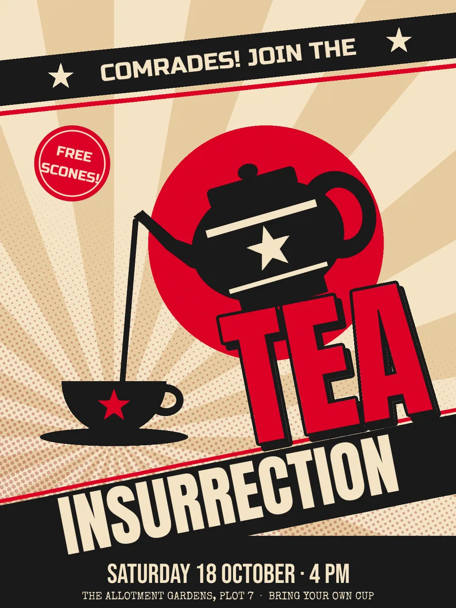 The finished Tea Insurrection invitation: a black teapot pours into a cup over a red disc, with a red TEA headline and cream INSURRECTION on a black diagonal band